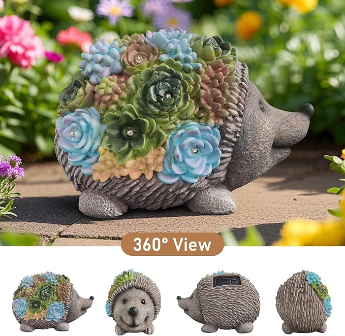 J.CARP Outdoor Solar Garden Hedgehog Statue with Succulents and 7 LED Lights, Decorations for Garden, Patio, Lawn, Outdoor Yard and Deck, Unique Housewarming Gifts