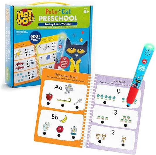 Educational Insights Hot Dots Pete The Cat Preschool Reading & Math Workbook - Preschool Workbooks with Interactive Pen, Homeschool Learning Books, Build Toddler Reading & Math Skills, Ages 4+