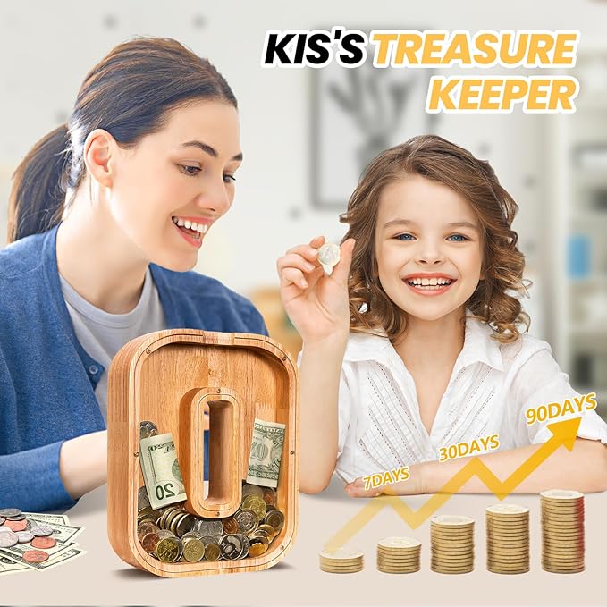 KMC Wooden Letter Piggy Bank, Personalized Initial Piggy Bank for Kids Boys, Clear Alphabet O Wood Money Box, Unbreakable Coin Saving Jar, Birthday, for Children