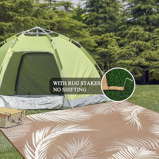 Pauwer Waterproof Outdoor Rug 9x12, Reversible Plastic Straw Patio Camping Rug, Indoor Outdoor RV Mat Carpet for Deck, Camper, Porch, Balcony, Backyard, Picnic, Leaf Brown