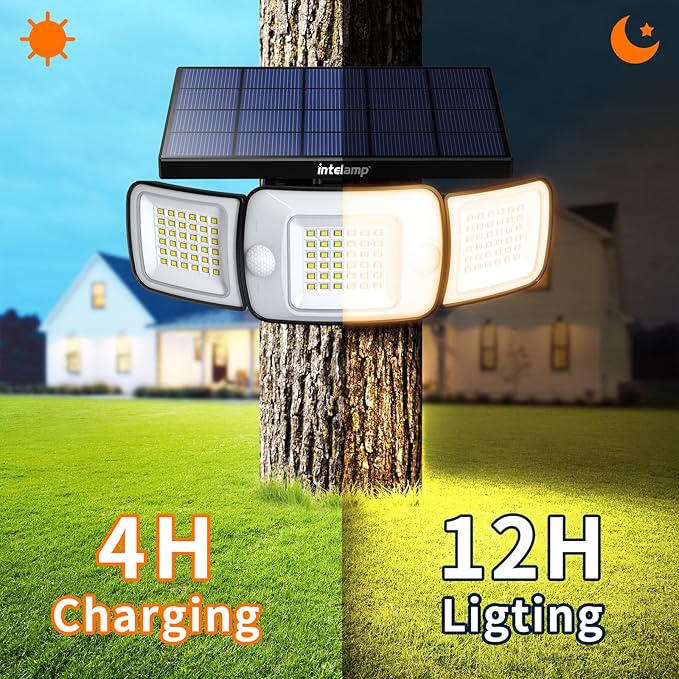 intelamp Solar Flood Lights Outdoor Waterproof, 6000mAh 1200LM Solar Powered Dual Motion Sensor LED Warm Lighting Dusk to Dawn Security Floodlight Exterior with Remote for Outside Garden House Patio