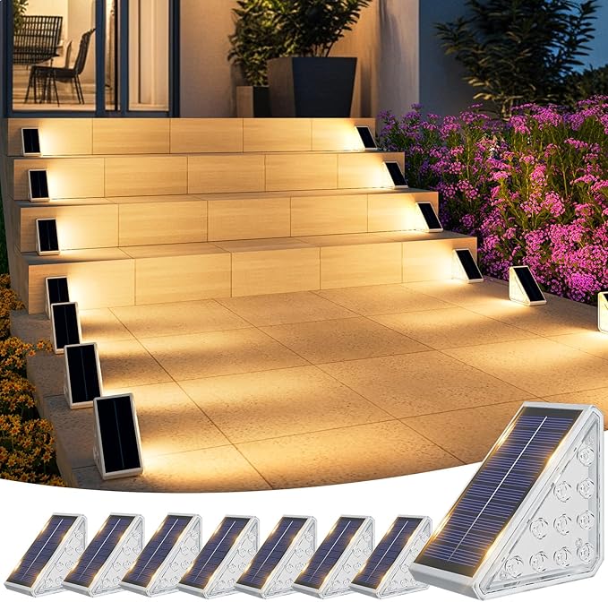 VOLISUN Solar Step Lights for Outside 8 Pack, Solar Stair Lights Outdoor Waterproof IP67, LED Outdoor Step Lights, Outdoor Stair Lights Decor for Deck, Front Step, Front Porch and Patio (Warm White)