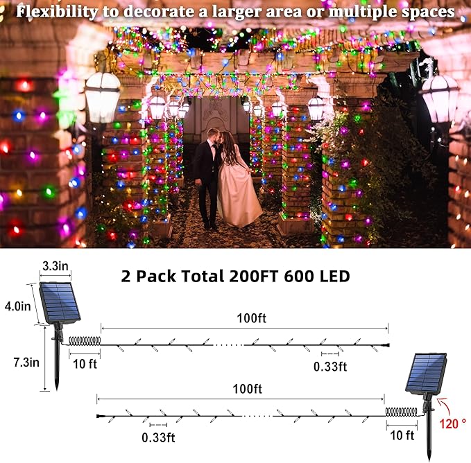 2-Pack 200FT Solar String Lights for Outside, 600 LED Extra-Bright Outdoor with 19 Modes & Timer, Waterproof Fairy Lights for Garden Patio Tree Christmas Decorations (Multicolor)