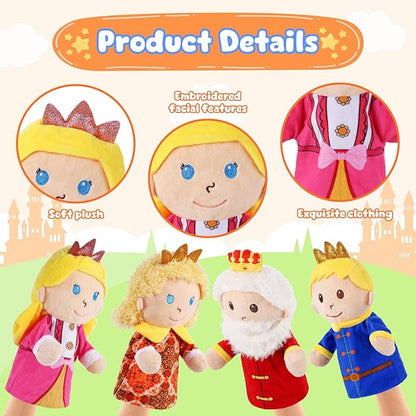 6 Pcs Castle Hand Puppets Fairy Tales Queen & King, Princess & Prince, Elf & Witch Plush Toys Role-Play Toy Puppets for Kids Storytelling Imaginative Pretend Play Teaching Preschool(6 Cartoon)