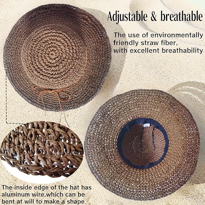 Womens Straw Beach Sun Hats, Foldable Packable Floppy Handmade Crochet Hats for Women,Large Summer Vacation Wide Brim Hat
