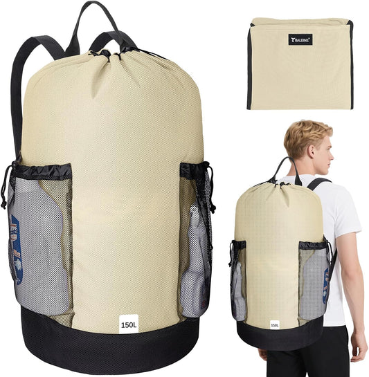 BALEINE 150L Laundry Bag Backpack, 900D Oxford Fabric Large Travel Laundry Bags with Shoulder Straps and 2 Mesh Pockets for College Dorm, Apartment, Laundromat (Beige, 150L)