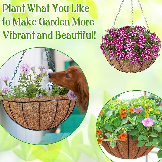 ZeeDix 2 Pack 16 Inch Metal Round Hanging Planter Basket with Coconut Liners Replacement, Hanging planters Baskets with Natural Coco Liner for Outdoor Indoor Planters Flowers Vegetables