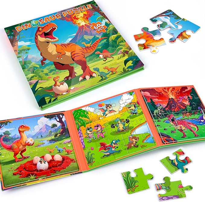 3 in 1 Magnetic Dinosaur Puzzles for Kids Ages 3-5, 3x20 Pieces Puzzles for Toddlers 4-6, Car Airplane Road Trip Activities Magnet Games Toys for 3 4 5 6 Year Old Boys