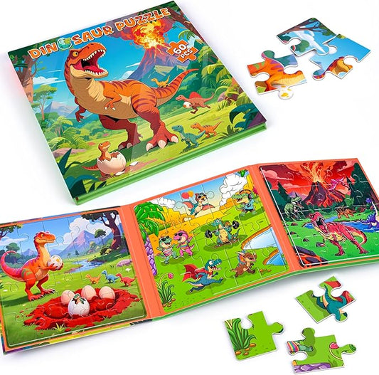 3 in 1 Magnetic Dinosaur Puzzles for Kids Ages 3-5, 3x20 Pieces Puzzles for Toddlers 4-6, Car Airplane Road Trip Activities Magnet Games Toys for 3 4 5 6 Year Old Boys