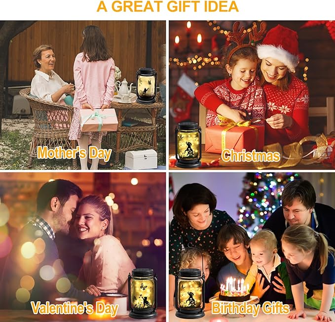 2 Pack Outdoor Hanging Solar Lantern, Cat & Dog Butterfly Vintage Glass Mason Jar, Birthday Mothers Day Gifts for Mom, Grandma, Women, Waterproof Garden lights for Patio Yard Lawn Tree Party Decor