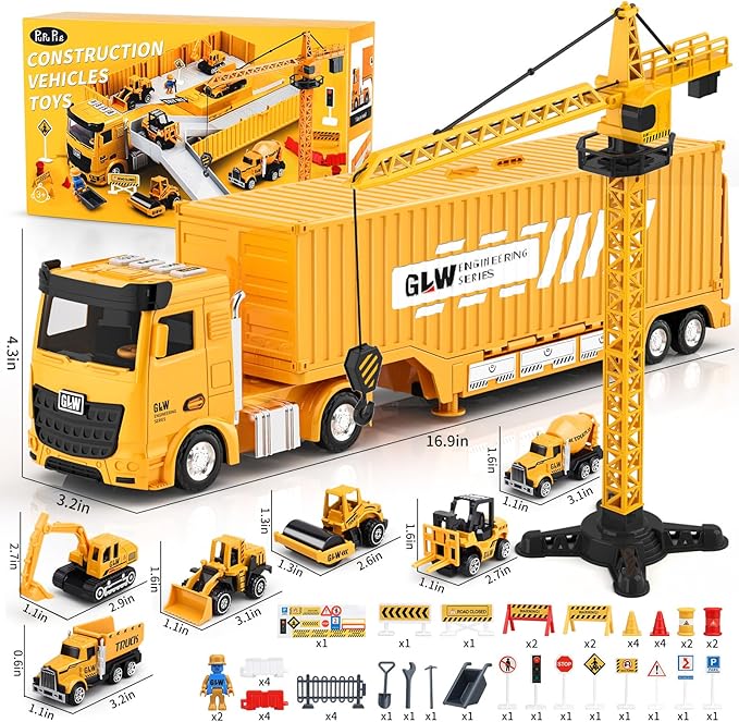 Kids Construction Toys, Construction Truck Toys Set w/Crane, Excavator, Forklift,Bulldozer,Dump Trucks,Cement Truck,Road Roller, Alloy Construction Vehicle Toys for 3 4 5 6 7 Years Old Boys Gifts