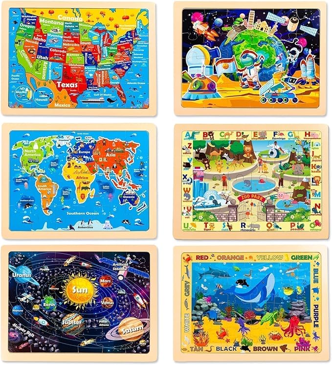 Christmas Wooden Puzzles for Toddlers 3-5,6 Packs 24Pcs Jigsaw Wooden Solar System Puzzles for Ages 4-8,Preschool Educational Brain Toys Gifts for Boys and Girls 2 4 3 5 Year Old（World Map）