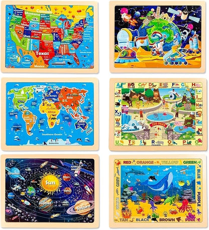 Christmas Wooden Puzzles for Toddlers 3-5,6 Packs 24Pcs Jigsaw Wooden Solar System Puzzles for Ages 4-8,Preschool Educational Brain Toys Gifts for Boys and Girls 2 4 3 5 Year Old（World Map）