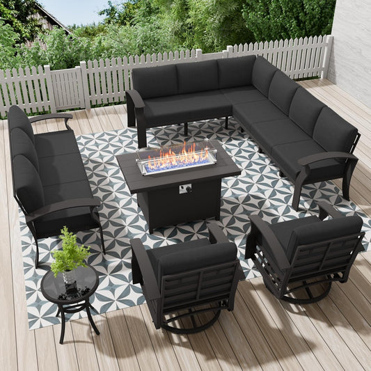 Aluminum Patio Furniture Set with Fire Pit Table, 11 Seats Outdoor Patio Conversation Set with Swivel Chair Modern Metal Patio Sectional Sofa with Coffee Table for Patio, Backyard(Dark Grey).