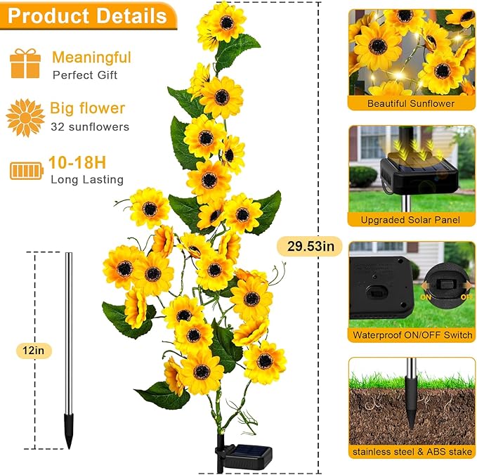 Solar Garden Lights Outdoor, 2 Pack New Sunflower Light for Outside, Solar Willow Vine Light with 46 LED Sunflowers, Waterproof Decor for Yard, Patio, Pathway, Gardening Gifts (2Pack Sunflower)