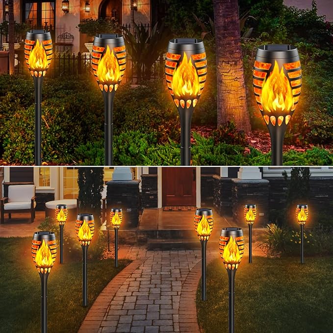 Solar Outdoor Lights, 10 Pack Solar Torch with Flickering Flame Waterproof, Solar Powered Garden Light, LED Flame Pathway Torches Lights for Yard, Patio, Outside Landscape Décor