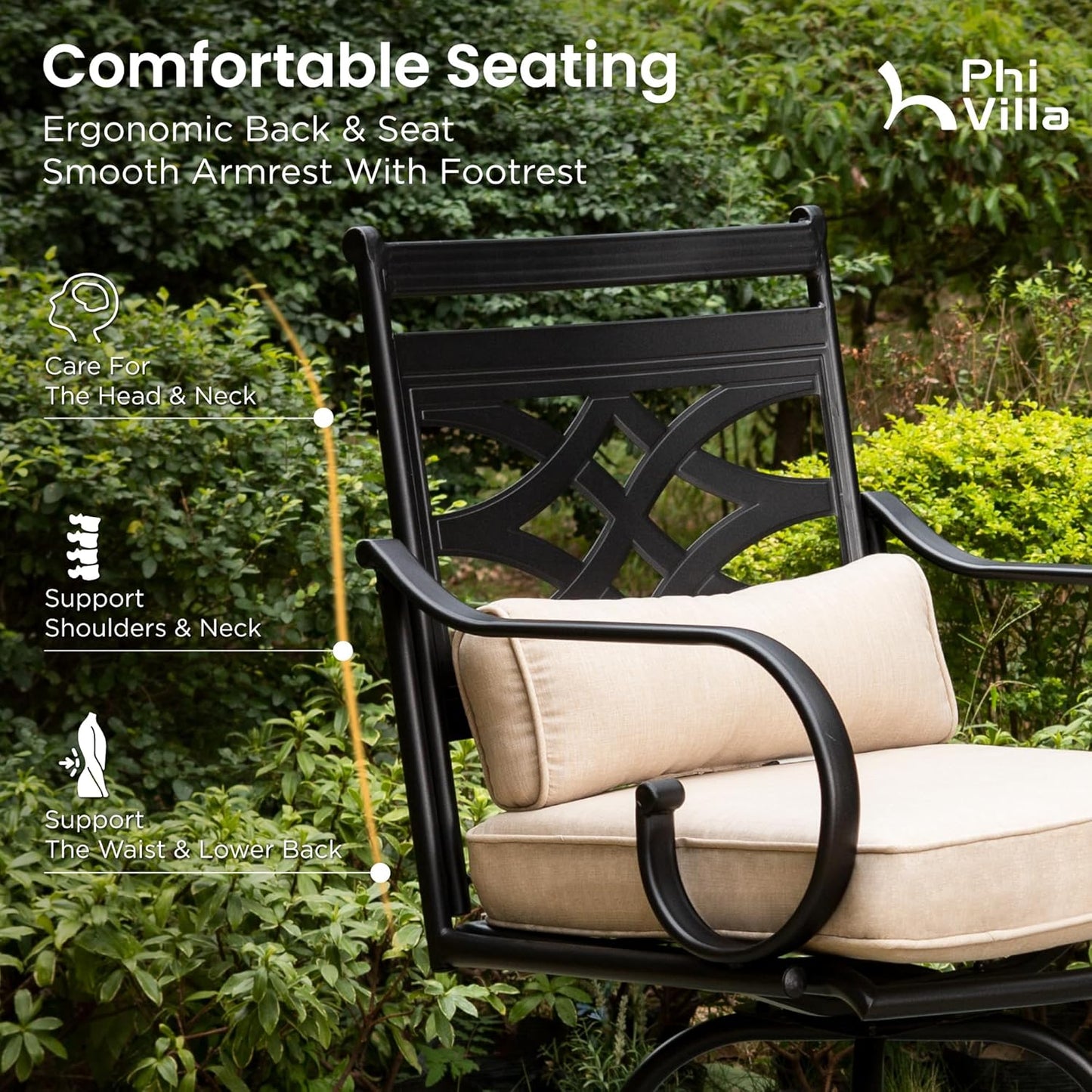 PHI VILLA Outdoor Swivel Bar Stools Set of 6，Patio Counter Height Bar Chairs with Back and Armrest，Metal,Black