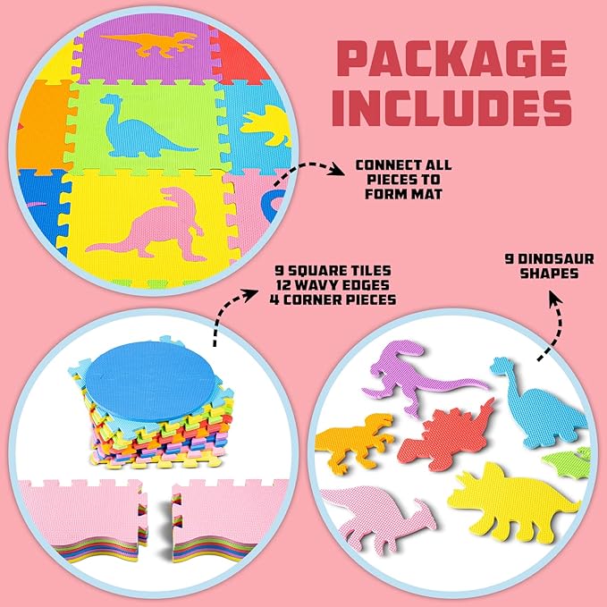 TOYVELT Foam Puzzle Floor Mat for Kids 48x48-25 Interlocking Dinosaurs Play Mat Tiles Multicolor - Educational Large Puzzle Foam Floor Tiles for Crawling