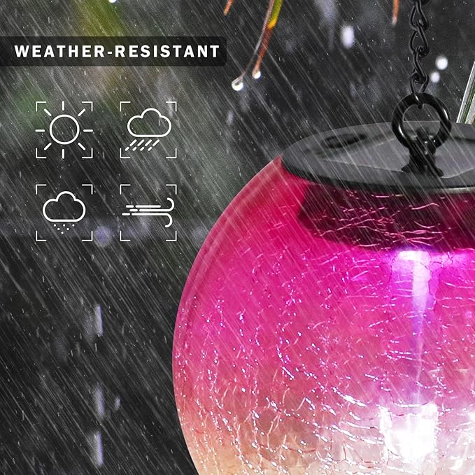 Hanging Solar Lights Outdoor Solar Lanterns Outdoor Decorative Cracked Glass Ball Lights Solar Powered Waterproof LED Globe Lantern for Outdoor Porch Patio Garden Decor Gift Red