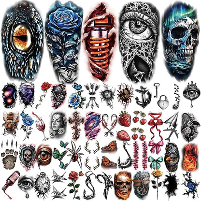 77 Sheets Temporary Tattoo for Women Men, 17 Sheets Half Arm Large 3D Eyes Lion Tiger Spider Fake Tattoos, 60 Sheets Flower Snake Skull Tiny for Adult Kids Cosplay Body Tattoos Stickers Realistic