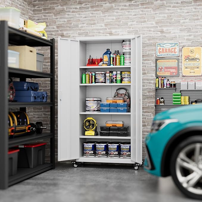 73" H Metal Garage Storage Cabinet with Wheels,Rolling Tool Storage Cabinet with 2 Doors and 4 Adjustable Shelves for Garage,Home,Office,Warehouse,Workshop, Required-Assembly,White