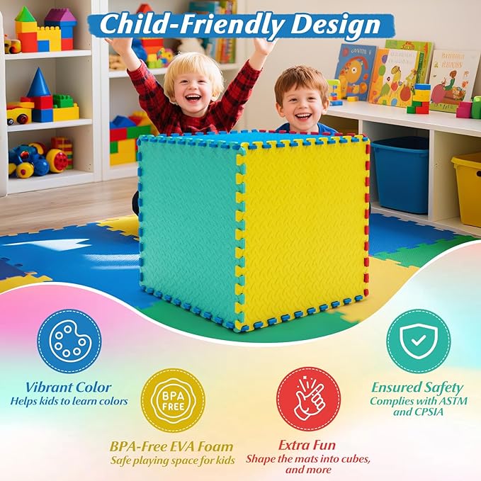 HONEY JOY Foam Floor Tiles for Kids, EVA Interlocking Baby Soft Puzzle Play Mat with Borders, Non-Slip Large Carpet Rug, for Baby Crawling Exercise & Development, Playroom, Bedroom (12 Pieces)