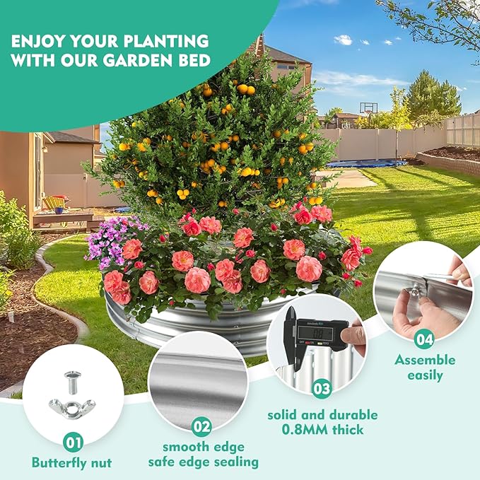 32 Inch Diameter Silver Galvanized Garden Raised Bed/Plant Box/Fire Ring-0.8mm Thick,12 Inch Tall,Crimped Edge and Corner,No Sharpe,Perfect for Plantings (2.7FT Diameter, Round)