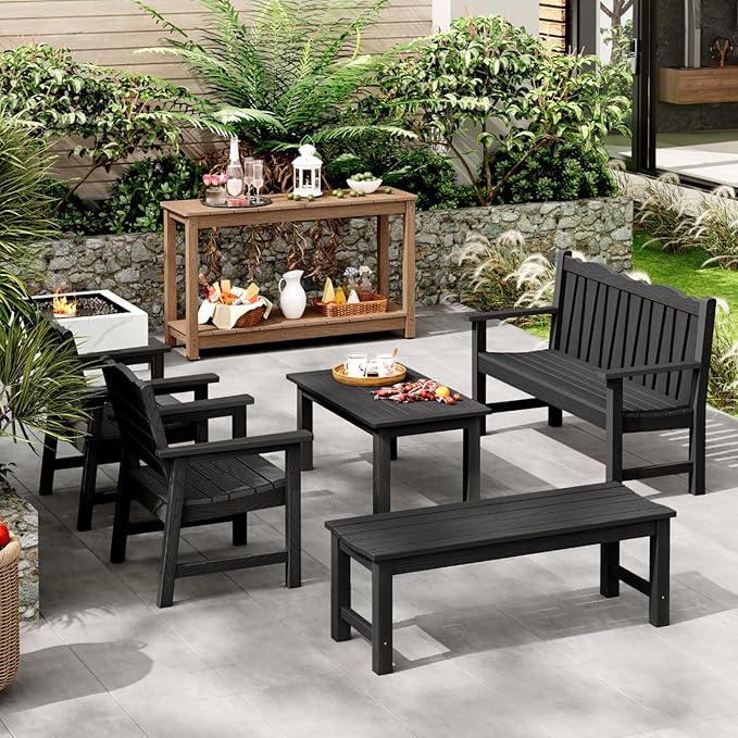 Outdoor Console Table, 48" Weather Resistant HIPS Patio Side Table, 440LBS Weight Capacity, 2-Tier Multifunctional Buffet Bar Storage Organizer for Garden Deck, Teak