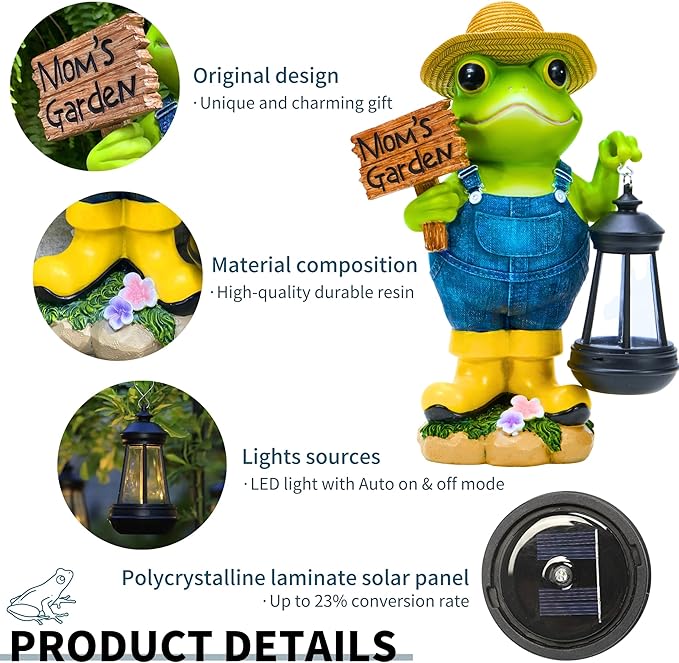 Frog Garden Decoration with Solar Lantern, Solar Frogs Statue Outdoor Decor Gift for Pathway Yard Lawn Patio - Frog Gift Sculptures for Women Mom Grandma, Mom's Garden