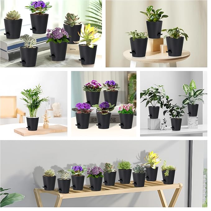 5 Pack 5 inch Self-Watering Pots, African Violets Planter with Drainage Holes and Reservoir, Black Plastic Planter for Indoor Outdoor Plants Flowers and Houseplants Black, 5 inch 5 pcs