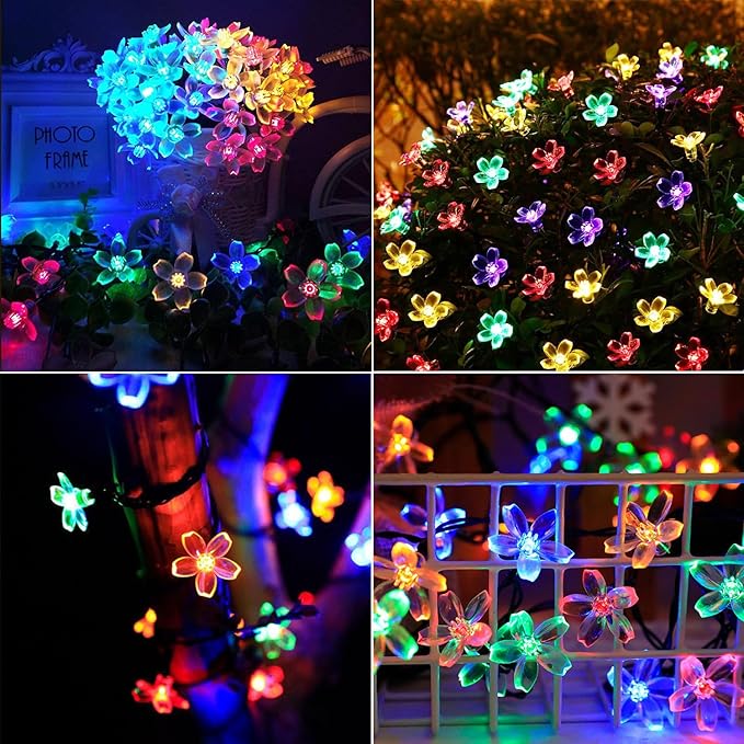 Solar String Flower Lights Outdoor 2Pack 200 LED 80Ft Multi-Color Fairy Lights with 8 Lighting Modes, Waterproof Solar Lights Outdoor for Garden Yard Porch Christmas Wedding Party Xmas Tree Decoration