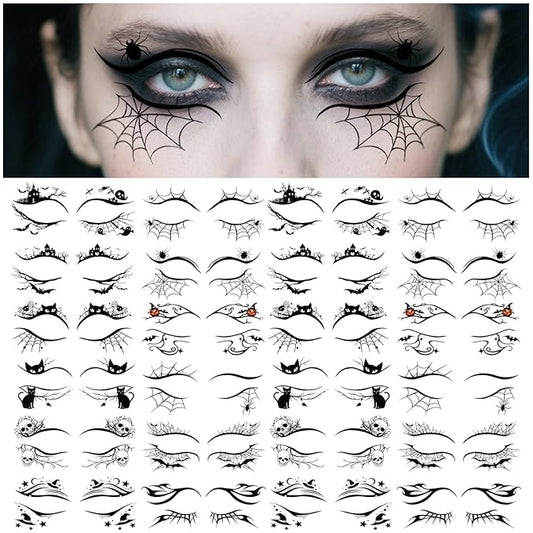 24 Pairs Halloween Eyeliner Temporary Tattoos for Adults, Face Eyes Fake Tattoos, Gothic Spooky Designs with Spiders Web, Bats, Cats, Skulls, Black