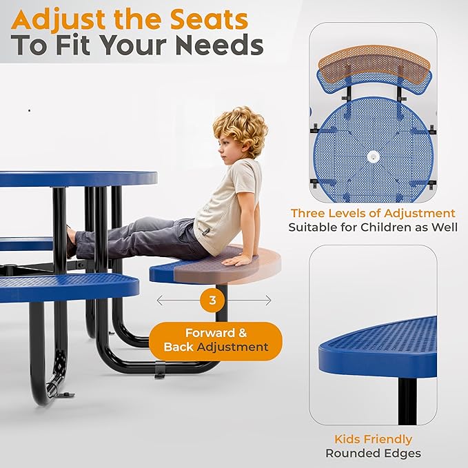 Metal Picnic Tables for Outdoors with Umbrella Hole - Coated Steel Heavy Duty Commercial Grade Table with Adjustable Seats (Blue, 46 in, Round, Punched Steel)