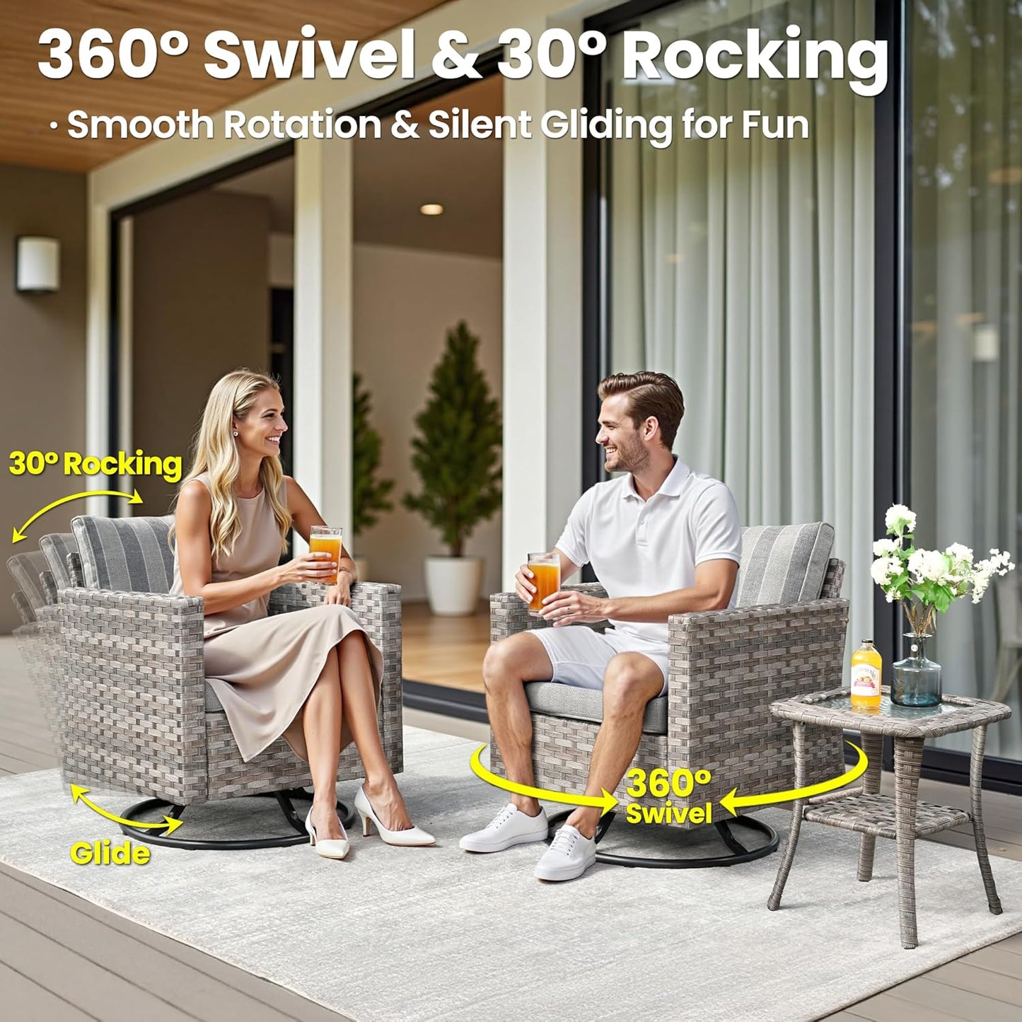 ovios 9 Pieces Patio Furniture Set, Outdoor Wicker Sectional Sofa with 2 Swivel Chairs Coffee Table, Modern Modular Deep Seat Rattan Couch Conversation Sets, Dark Gray Stripe