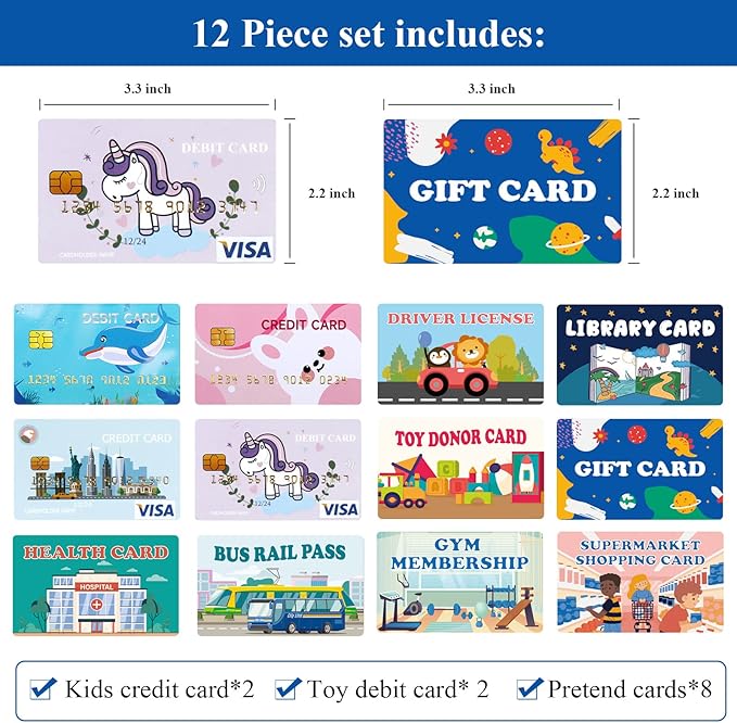Fake Credit Cards for Kids, Play Credit Cards Pretend Debit Credit Cards for Girls and Boys, Driver's License, Membership Play Cards, Fake Toy Cards 12pcs