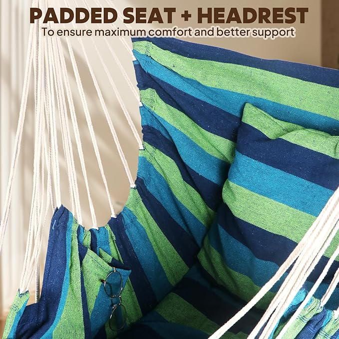 Chihee Hammock Chair Hanging Chair with Foot Rest 2 Cushions Max 500lbs Robust Metal Spreader Bar Collapsible Easy Storage Soft Cotton Swing Chair Strong Strap Iron Carabiner Side Pocket Included