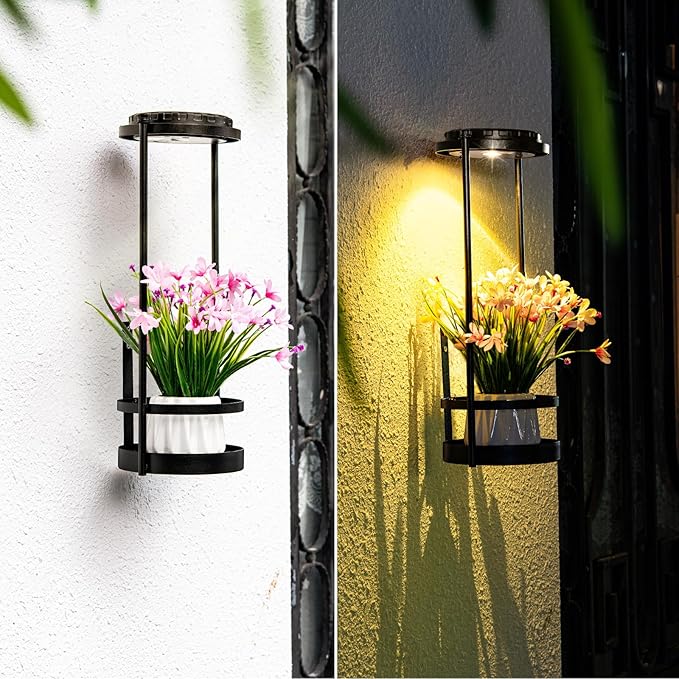 Solar Yard Wall Light with Plant Stands, Wireless Outdoor Solar Wall Lamp with 2 Modes & IP45 Waterproof Dusk to Dawn LED Outdoor Solar Lights for Garden Patio Yard Decoration (2Pack)