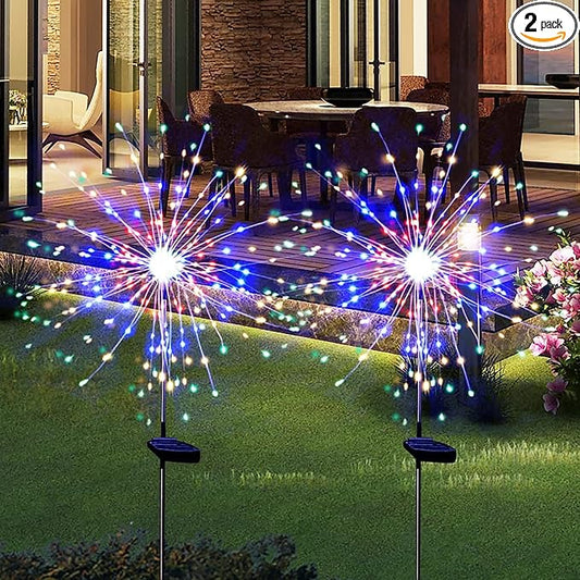 Solar Garden Lights for Outdoor Decor, Waterproof 2 Pack Solar Powered Firework Stake 120 LED Sparklers String Lights for Yard Pathway (Colorful)