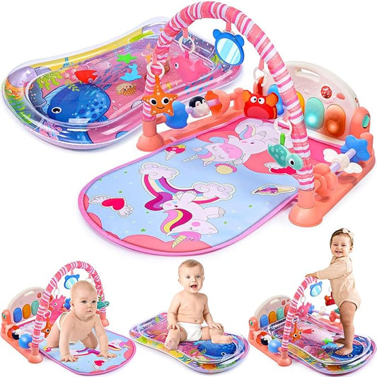 Baby Gyms Play Mats with Tummy Time Water Mat, Baby Activity Mat Play Piano Gym with 5 Sensory Toys for Babies, Music and Lights Boy & Girl Gifts for Infant Newborn Babies 0-3 4-6 6-9 6-12 Months