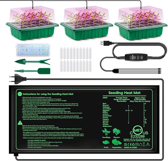 Verdenu Seed Starter Tray with Grow Lights and Heat Mat, 3 Pack 72-Cell Seedling Starter Kit with Humidity Dome, 3 Lighting Mode, 4 Dimming Level, Reusable Seed Germination Kit for Indoor Plant
