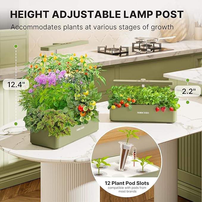 Hydroponics Growing System Kit 12 Pods, 24W LED Grow Light Indoor Garden, 4L Water Tank with Quiet Pump, Adjustable Height Herb Garden Planter Indoor Kit, Gardening Gifts, Green