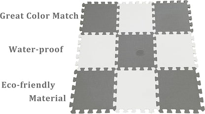 18 Pieces Foam Play Mat, Interlocking Playmat Tiles, Foam Floor Mat Tiles for Kids, Puzzle Play Mats, Exercise Gym Mats – Color of Gray & White with Border