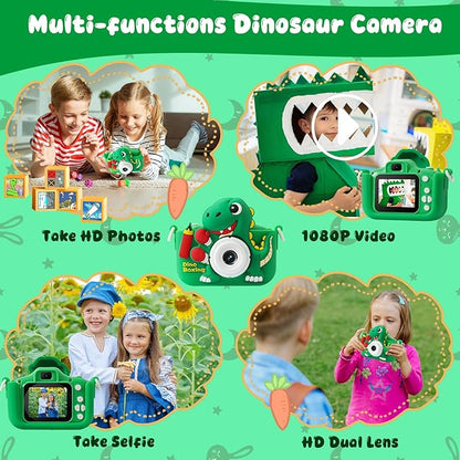 Kids Camera, Dinosaur Kids Camera for Kids Boys, Toddler Camera Digital Camera for Kids Age 3-12, Christmas Birthday Gifts Toys for 3 4 5 6 7 8 9 10 Years Old Boys, 1080P HD Selfie Video Camera