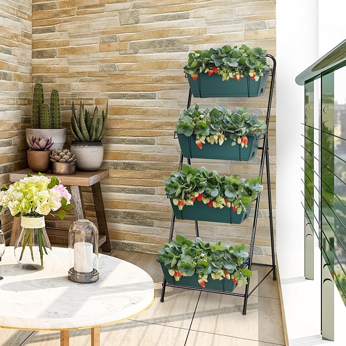 Raised Garden Bed 4 Tier Vertical Garden Planter Herb Garden Planter Outdoor with Drainage Holes Removable Tray for Patio Balcony Porch (Green)