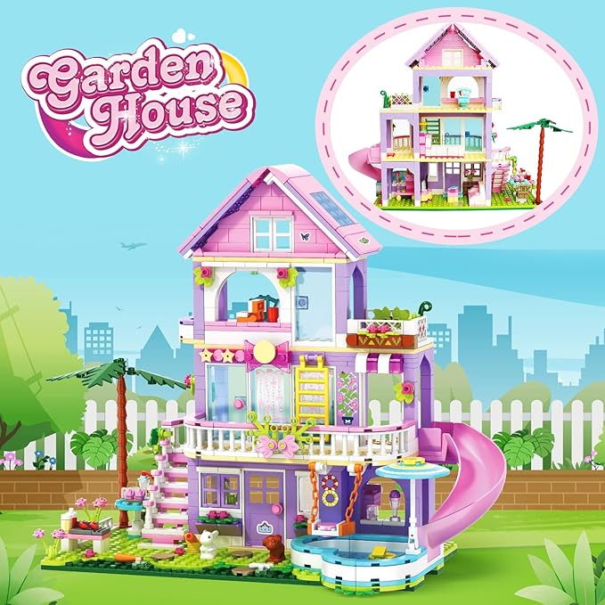 Girls Building Blocks Set,689pcs Garden Villa House Building Block for Kids 6-12 and 8-14,Holiday Cottage Bricks Kit, Building Toy Xmas Birthday Gift for Girls Kids 6 7 8 9 10 11 12 13 14