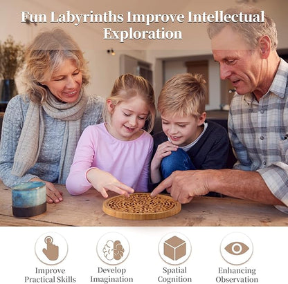 Round Wooden Labyrinth Board Game - Marble Maze for Education and Fun, Toddler Activity Board, Brain Teaser Puzzle Logic Game with Two Metal Balls for Kids, Adults, Teens, Boys, and Girls