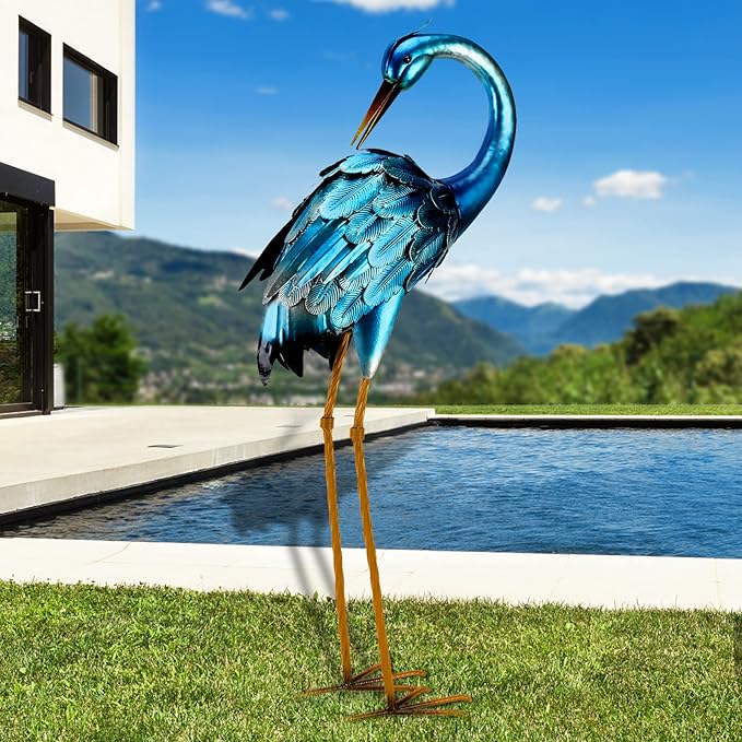 Chisheen Crane Metal Outdoor Blue Heron Sculpture Large Garden Heron Decoy Bird Statue Lawn Ornament for Backyard Pond Patio Porch Outside Decoration