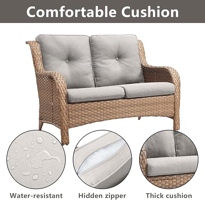 Outdoor Wicker Patio Furniture Set - 5 Piece Rattan Patio Conversation Set with 2 Rocking Swivel Chairs,2 Ottomans and 1 Loveseat for Porch Deck Backyard Garden(Yellow/Beige)