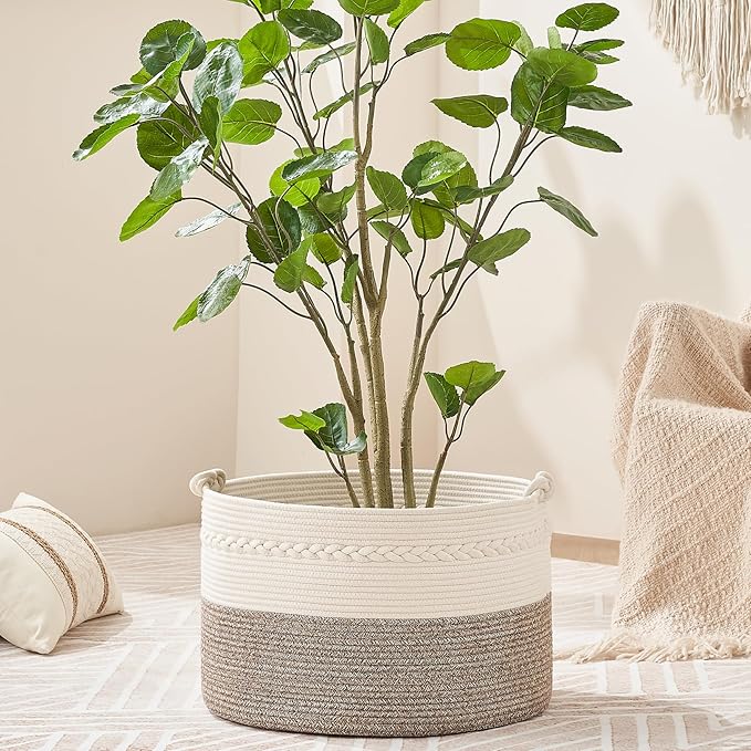 KAKAMAY Large Blanket Basket (20"x13"),Woven Baskets for storage Baby Laundry Hamper, Cotton Rope Blanket Basket for Living Room, Laundry, Nursery, Pillows, Baby Toy chest (White/Beige)