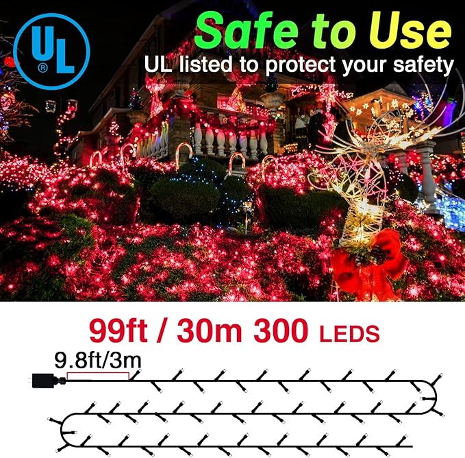 KNONEW Outdoor Christmas Lights 300 LED 99ft String Lights 8 Modes & Memory Fairy Light Plug in Waterproof LED String Lights for Xmas Yard Tree Wedding Party Holiday Decorations (Red)